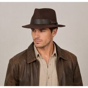 Vintage 80s Indiana Jones Brown Wool Fedora Hat USA Medium Leather Band